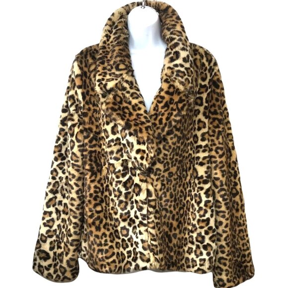 Love Token Stacey FAUX FUR Leopard Print Coat Sz L Animal Print Collar Mid Plush